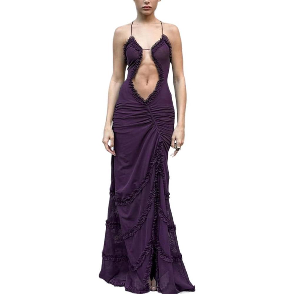 imageSkeleton Dress Printed Sexy Neckless Skeleton Lace Slit Halter Party DressesBpurple