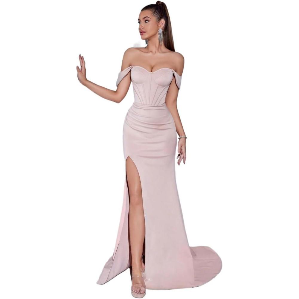 imageSplitNeck Off Shoulder Long Dress Elegant Socialite Banquet Strapless Evening GownBeige