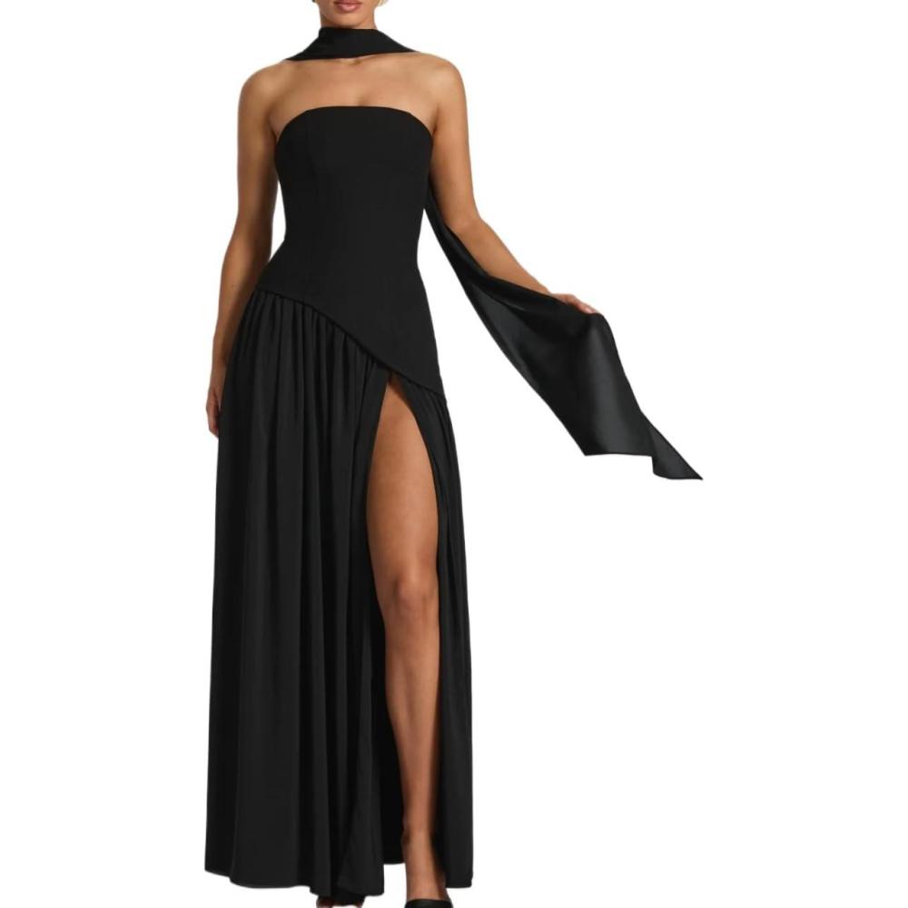 imageStrapless Bridesmaid Dresses with Scarf Long Maxi Dresses with Slit Formal Evening GownsAllblack