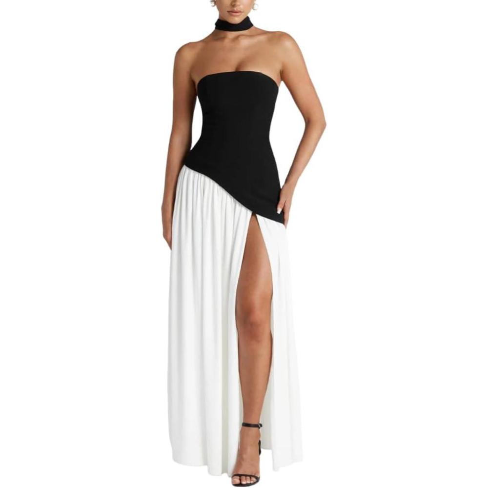 imageStrapless Bridesmaid Dresses with Scarf Long Maxi Dresses with Slit Formal Evening GownsBlack