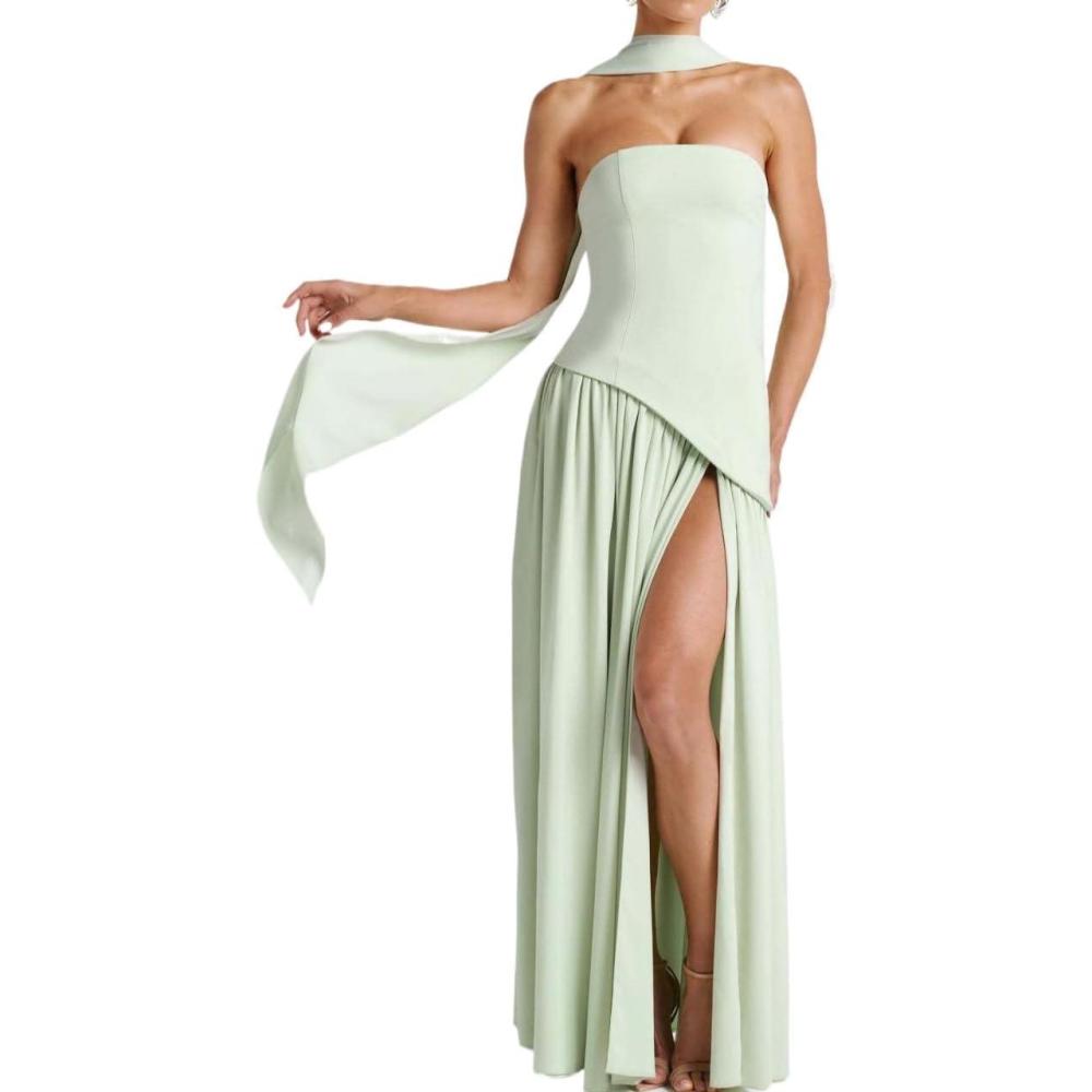 imageStrapless Bridesmaid Dresses with Scarf Long Maxi Dresses with Slit Formal Evening GownsGreen