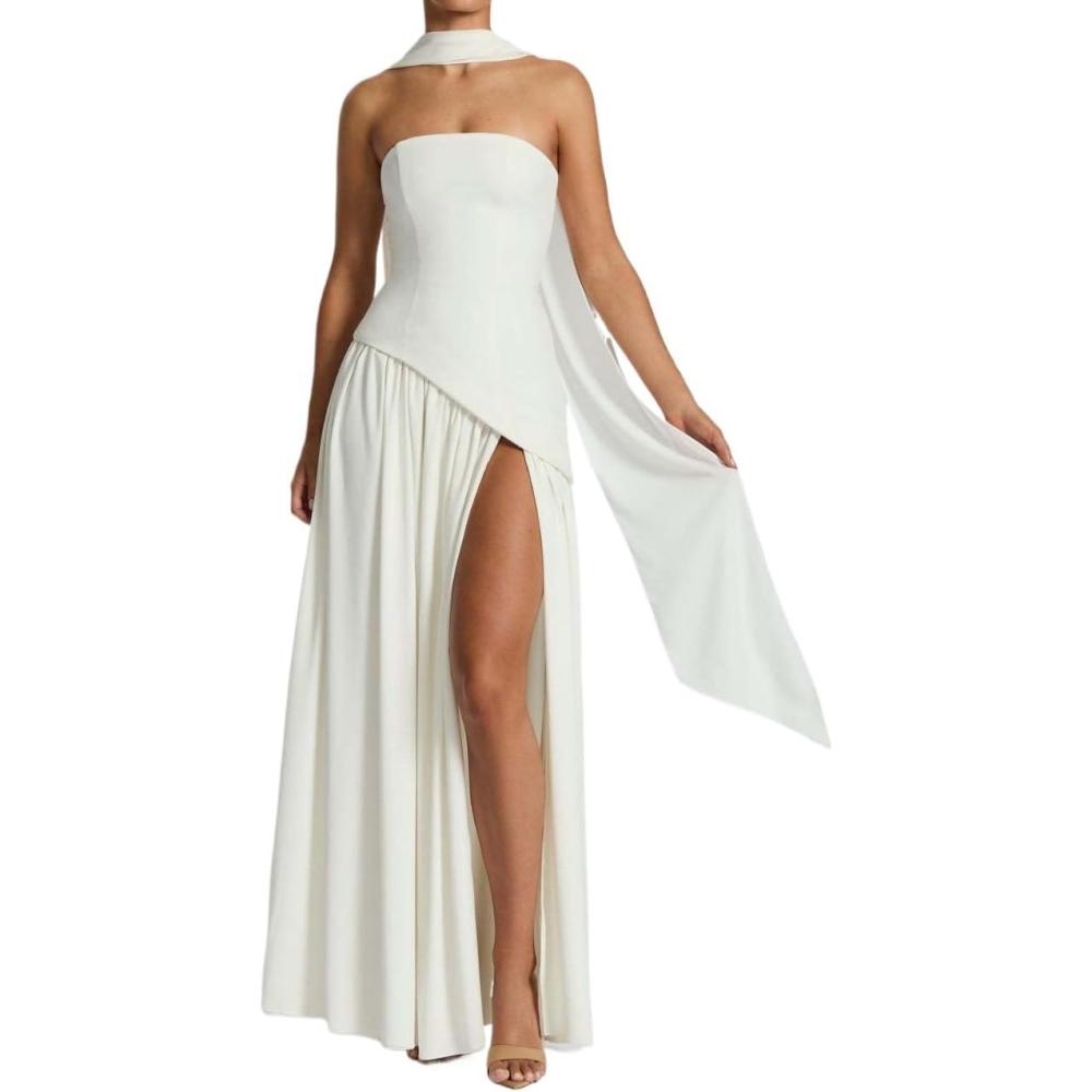 imageStrapless Bridesmaid Dresses with Scarf Long Maxi Dresses with Slit Formal Evening GownsWhite