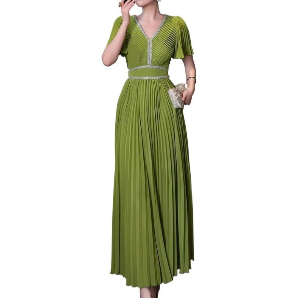 imageVNeck ShortSleeve Dress with Rhinestone Accents ALine Silhouette for Everyday and GatheringsGreen