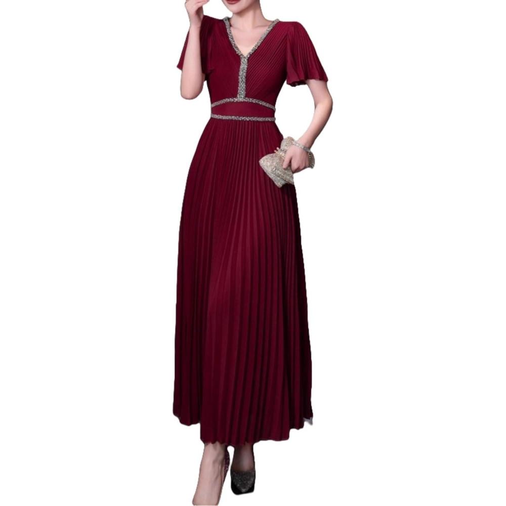 imageVNeck ShortSleeve Dress with Rhinestone Accents ALine Silhouette for Everyday and GatheringsWine