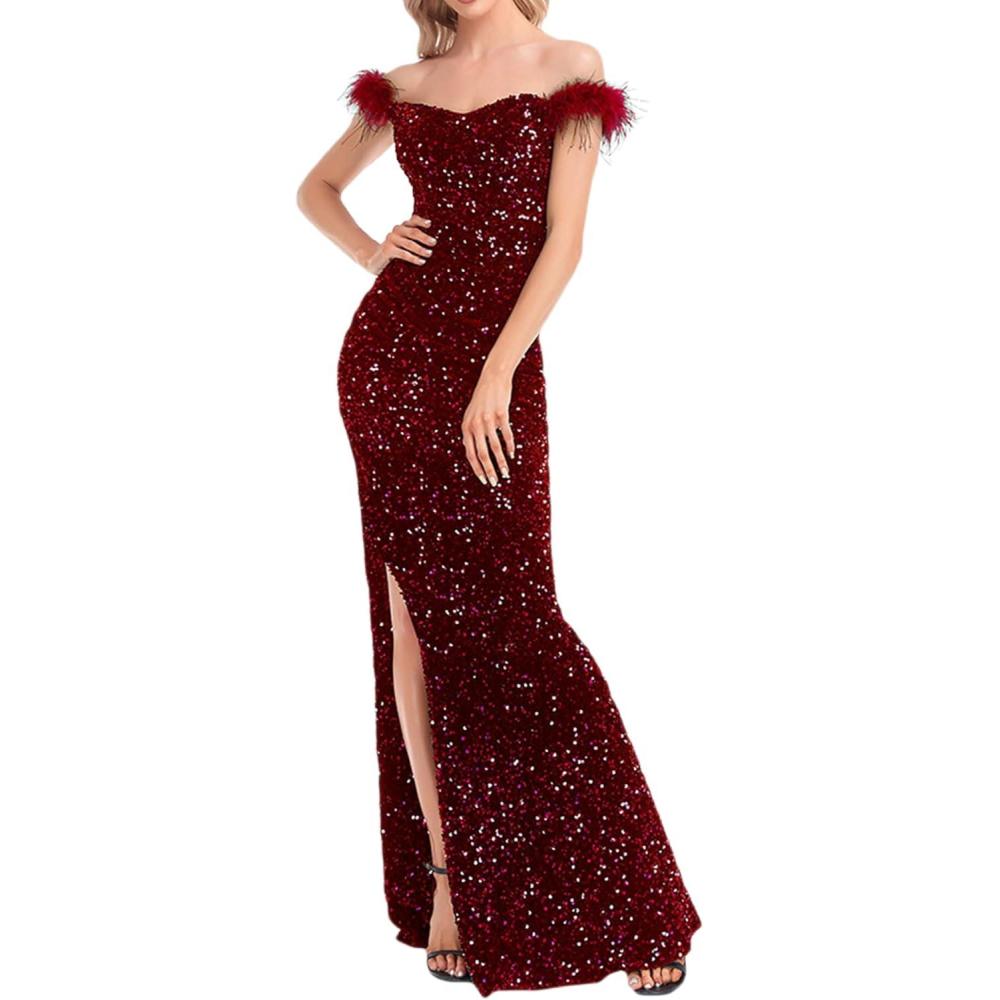 imageWomen Off Shoulder Formal Dress with Feather Sparkly Gatsby Sequin Dress V Neck Maxi DressAwine