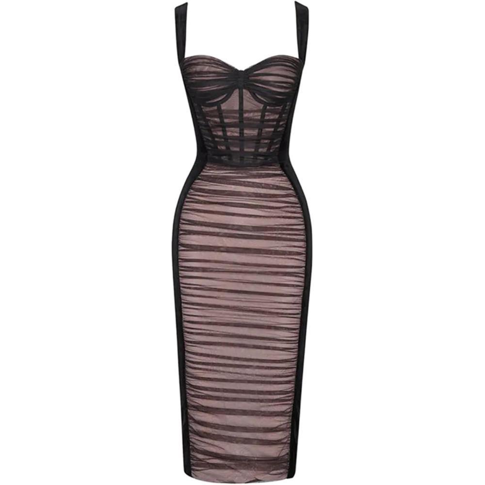 imageWomen Shoulder Strap Midi Wedding Guest Dress Mesh Velvet Ruched Cocktail Party DressOblack