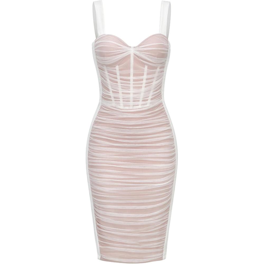 imageWomen Shoulder Strap Midi Wedding Guest Dress Mesh Velvet Ruched Cocktail Party DressOwhite