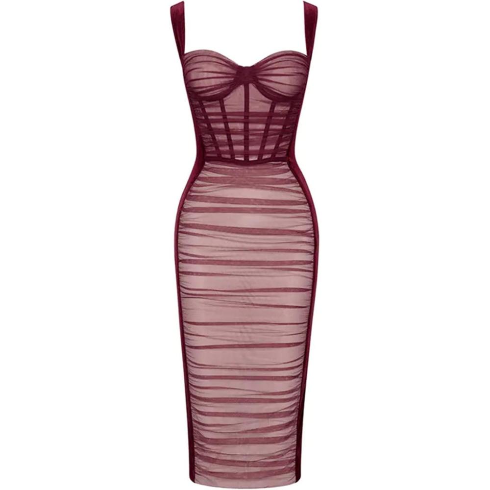 imageWomen Shoulder Strap Midi Wedding Guest Dress Mesh Velvet Ruched Cocktail Party DressOwine