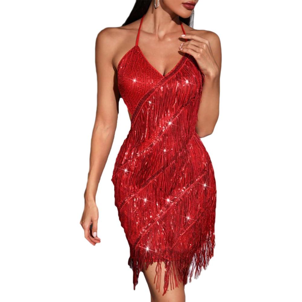 imageWomens Backless Drawstring Cocktail Dresses Flapper Dresses 20s Gatsby Tassel Short Dresses Prom Party DressHred