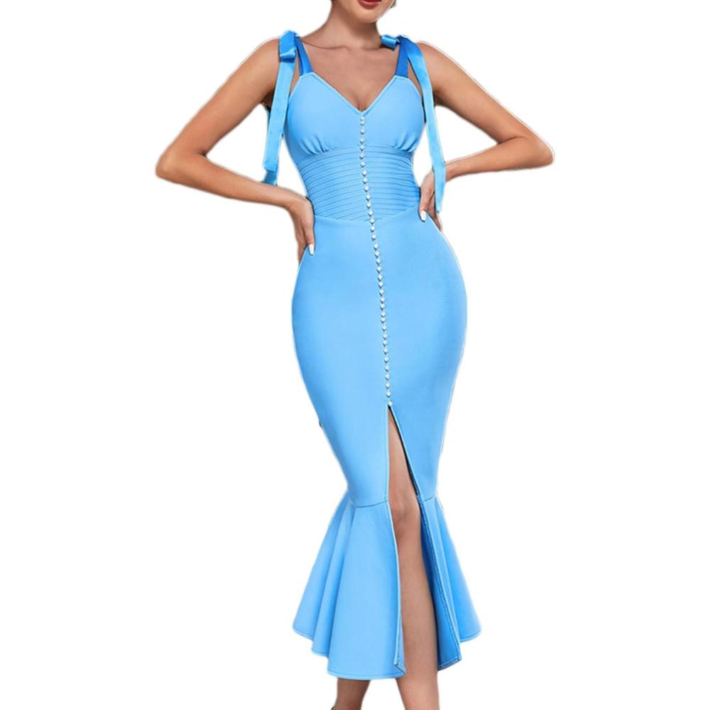 imageWomens Bow Strap Fishtail Dress Pearl Slit Midi Bodycon Bandage Dress for Wedding Guest Cocktail Party DressBlakeblue
