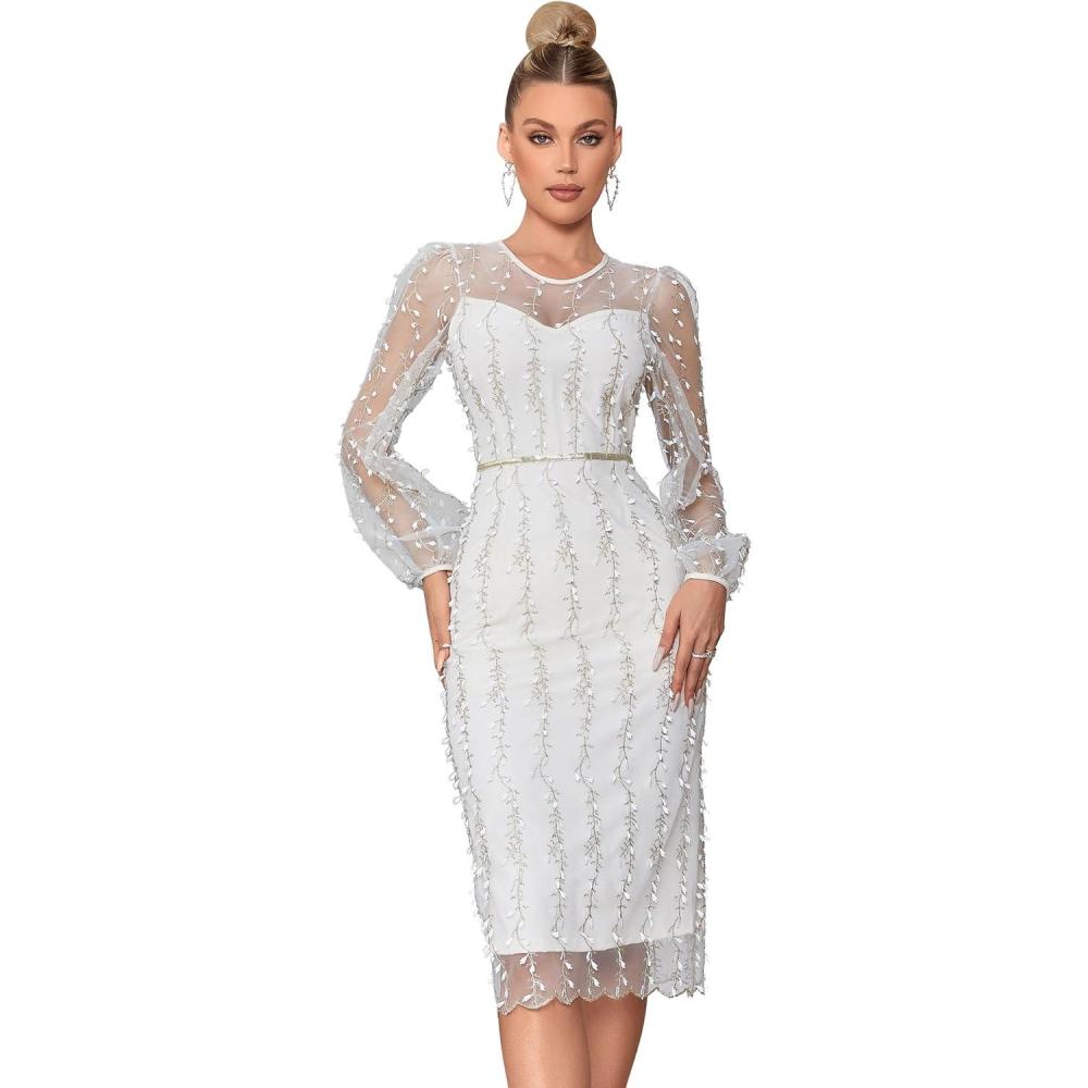 imageWomens Floral Embroidery Mesh Round Neck Lace Party Dress Midi Dress Puff Long Sleeve Swing Chiffon DressesWhite