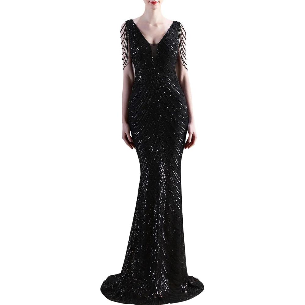 imageWomens Full Sequins Dress V Neck Sleeveless with Tassel Beads Glitter Maxi Gown Evening Gowns Long Prom DressAblack