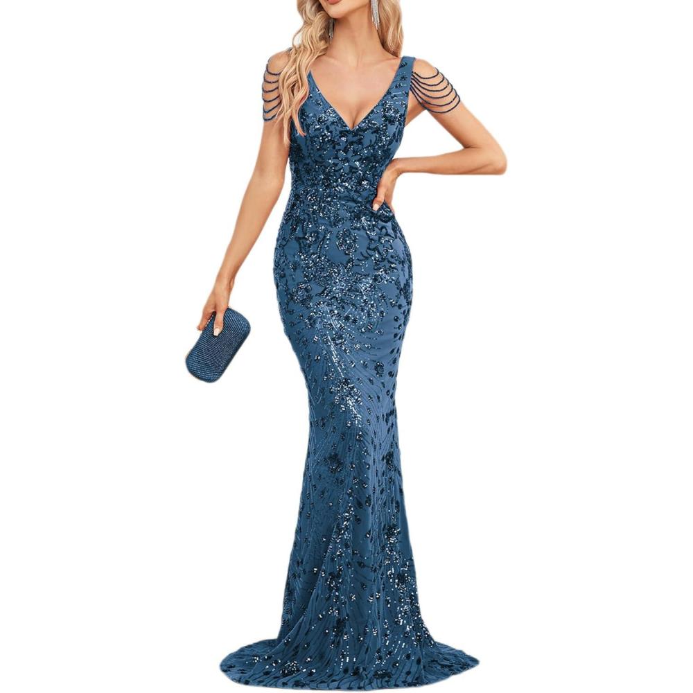 imageWomens Full Sequins Dress V Neck Sleeveless with Tassel Beads Glitter Maxi Gown Evening Gowns Long Prom DressAblue