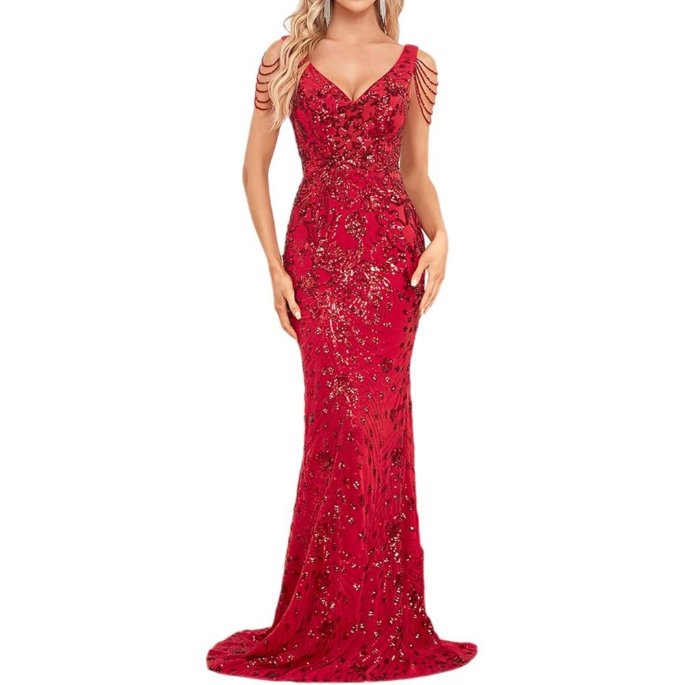 imageWomens Full Sequins Dress V Neck Sleeveless with Tassel Beads Glitter Maxi Gown Evening Gowns Long Prom DressAred