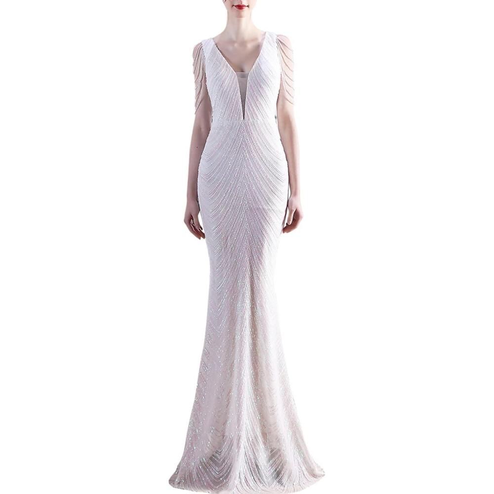 imageWomens Full Sequins Dress V Neck Sleeveless with Tassel Beads Glitter Maxi Gown Evening Gowns Long Prom DressAwhite