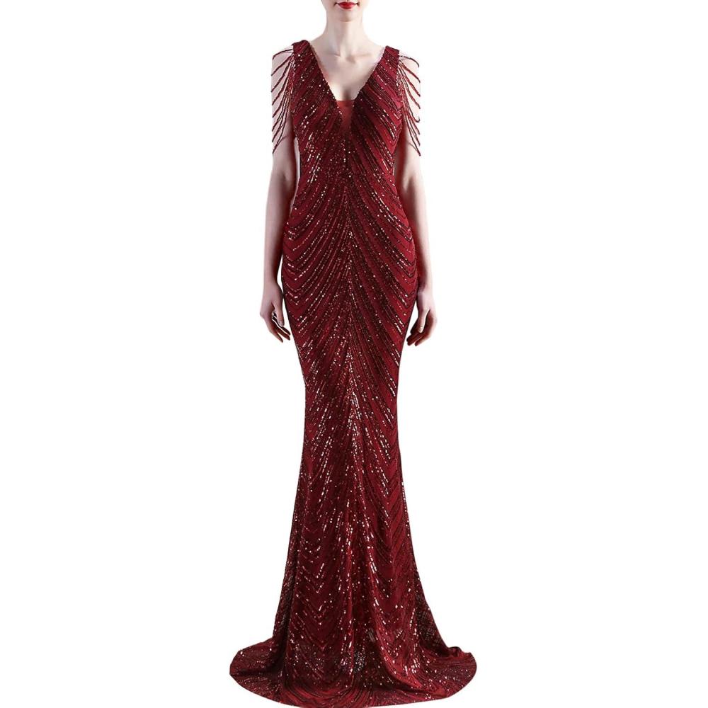 imageWomens Full Sequins Dress V Neck Sleeveless with Tassel Beads Glitter Maxi Gown Evening Gowns Long Prom DressAwine