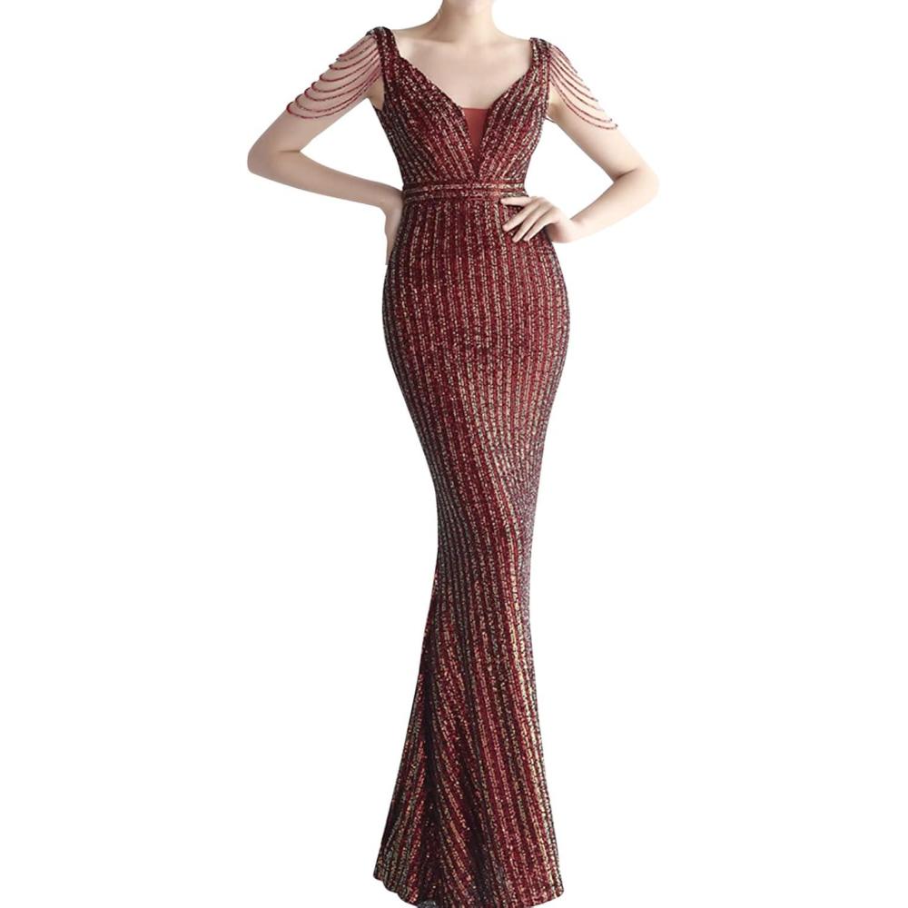 imageWomens Full Sequins Dress V Neck Sleeveless with Tassel Beads Glitter Maxi Gown Evening Gowns Long Prom DressBwine