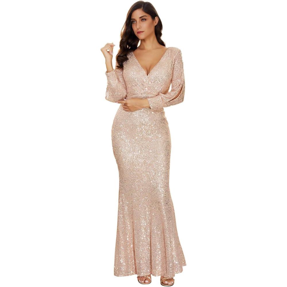 imageWomens Long Sleeve Full Sequins Mermaid Gown Long Prom Party DressAbeige