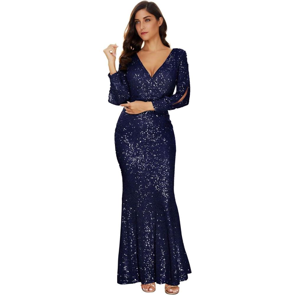imageWomens Long Sleeve Full Sequins Mermaid Gown Long Prom Party DressAblue