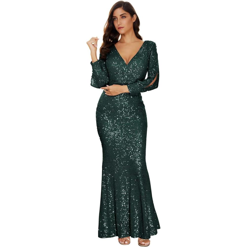 imageWomens Long Sleeve Full Sequins Mermaid Gown Long Prom Party DressAgreen