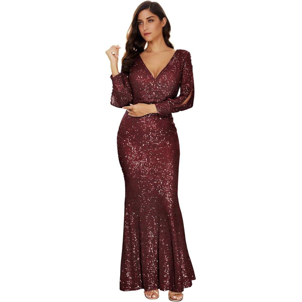 imageWomens Long Sleeve Full Sequins Mermaid Gown Long Prom Party DressAwine