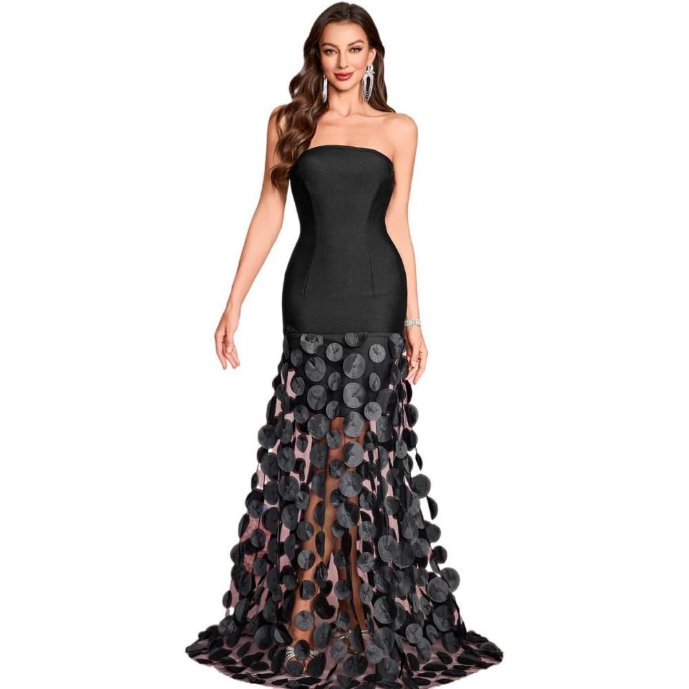 imageWomens Natural Strapless Dress Bustier Slim Black Top Splicing White Polka Dot Net Yarn GownAll Black