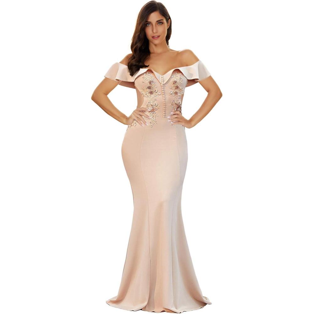 imageWomens Off Shoulder Ruffled Maxi Gown Long Evening Prom DressBeige