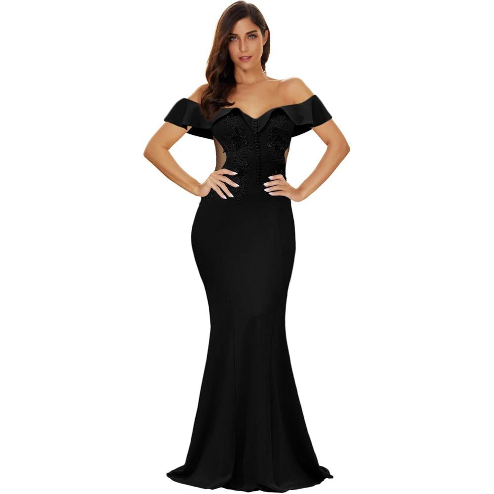 imageWomens Off Shoulder Ruffled Maxi Gown Long Evening Prom DressBlack