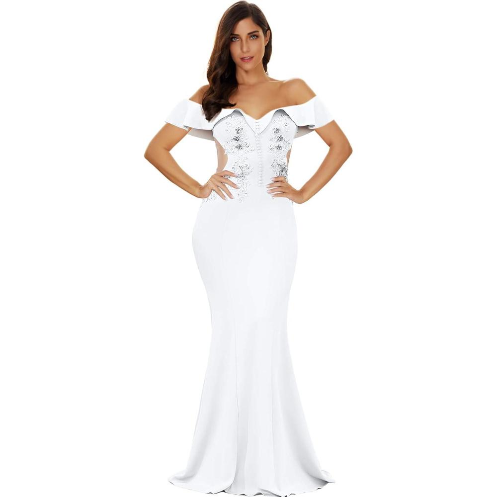 imageWomens Off Shoulder Ruffled Maxi Gown Long Evening Prom DressWhite