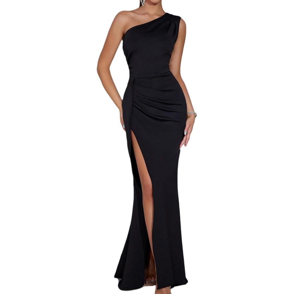 imageWomens One Shoulder Long Formal Dress Sleeveless High Slit Maxi Bodycon Dress Ruched Dresses for Wedding GuesAblack
