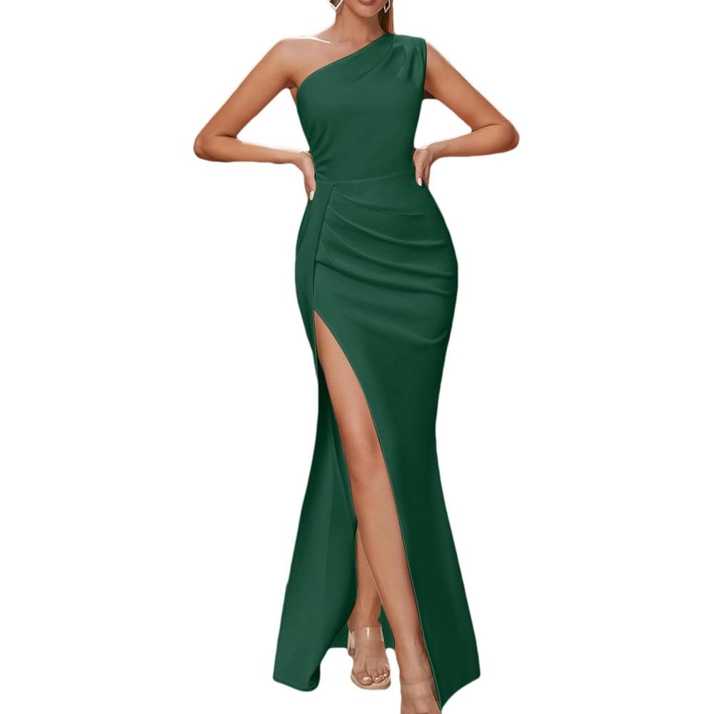 imageWomens One Shoulder Long Formal Dress Sleeveless High Slit Maxi Bodycon Dress Ruched Dresses for Wedding GuesAgreen