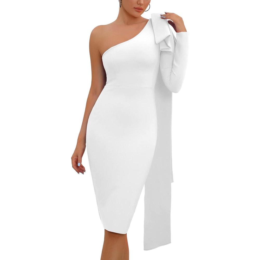 imageWomens One Shoulder Long Sleeve Bandage Dress Tie Midi Bodycon Evening Party Celebration DressWhite