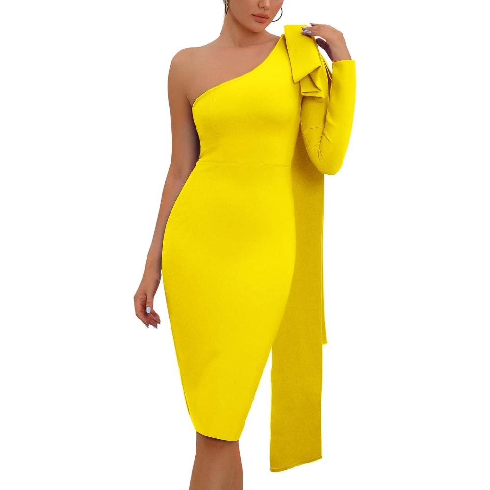 imageWomens One Shoulder Long Sleeve Bandage Dress Tie Midi Bodycon Evening Party Celebration DressYellow