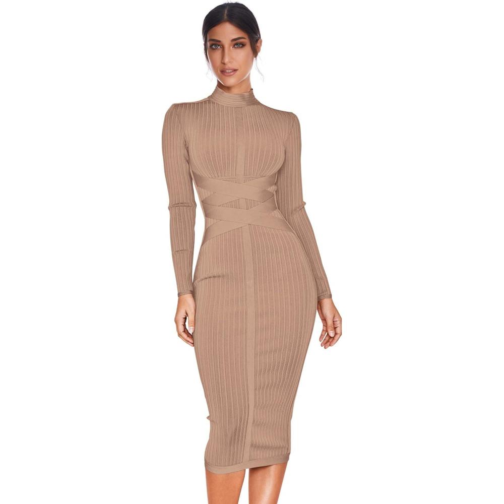 imageWomens Rayon Long Sleeves Bandage Dress Cross Strap Ribbed Club Party Midi Bodycon DressesAs Shown