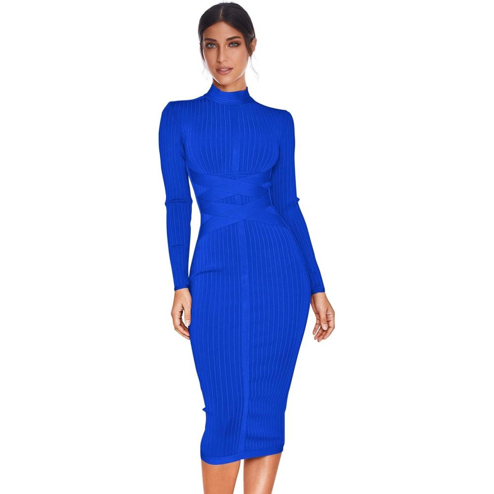 imageWomens Rayon Long Sleeves Bandage Dress Cross Strap Ribbed Club Party Midi Bodycon DressesBlue