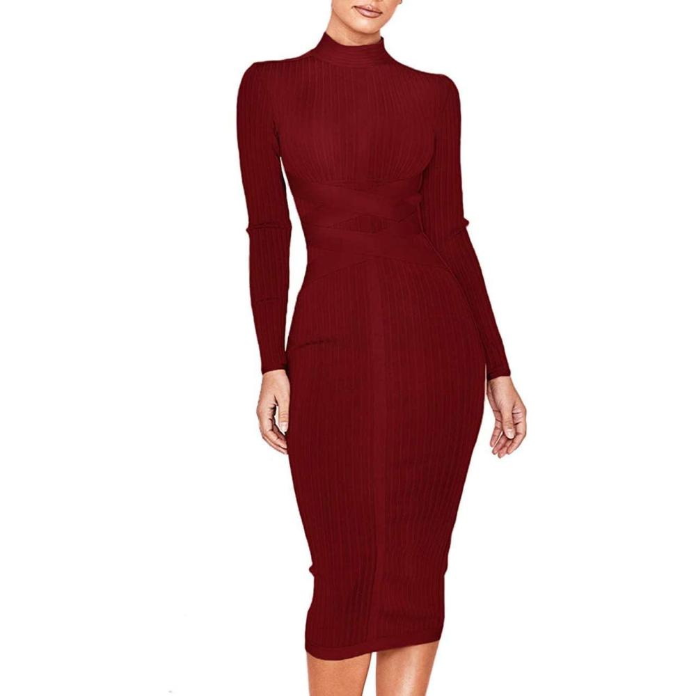 imageWomens Rayon Long Sleeves Bandage Dress Cross Strap Ribbed Club Party Midi Bodycon DressesBurgundy