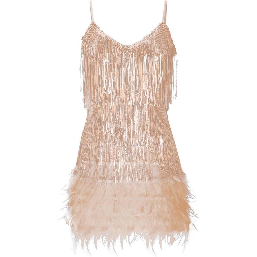 imageWomens Sequin Cocktail Dresses 1920s Flapper Dress Gatsby Fringe Mini Dresses Feather Prom Party DressAbeige