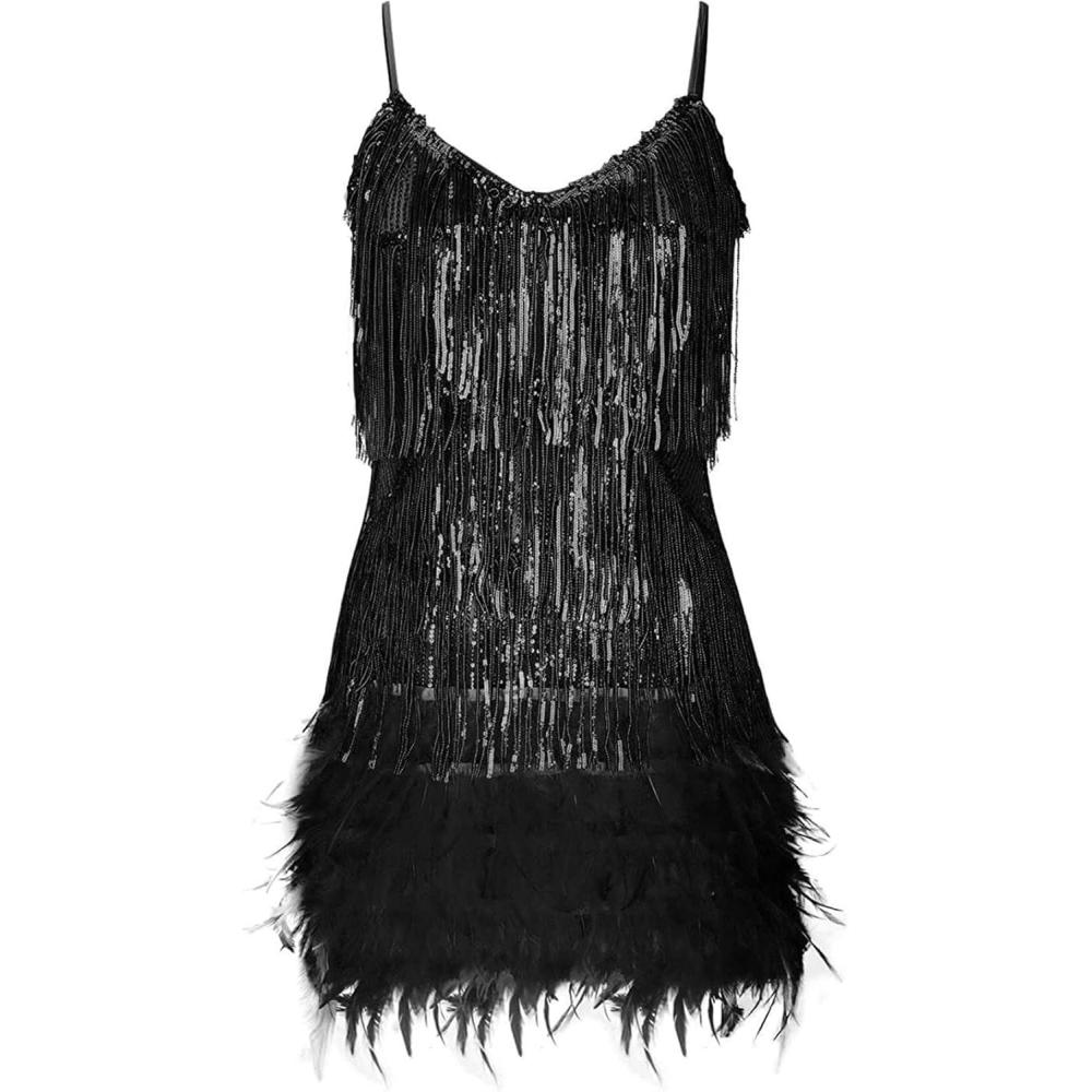 imageWomens Sequin Cocktail Dresses 1920s Flapper Dress Gatsby Fringe Mini Dresses Feather Prom Party DressAblack
