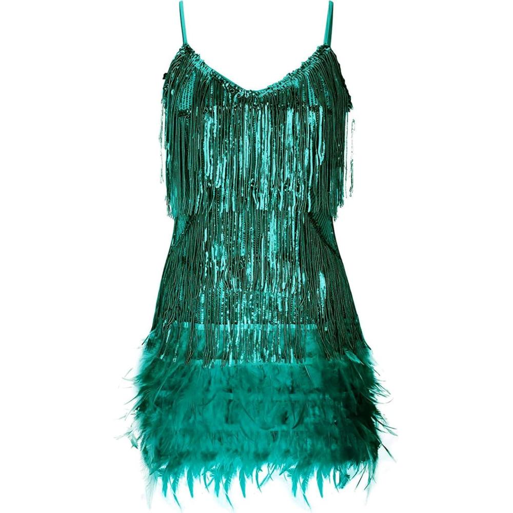 imageWomens Sequin Cocktail Dresses 1920s Flapper Dress Gatsby Fringe Mini Dresses Feather Prom Party DressAgreen