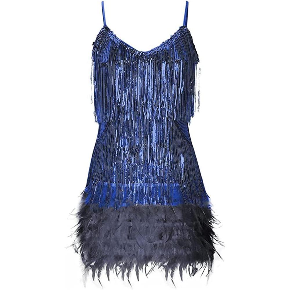 imageWomens Sequin Cocktail Dresses 1920s Flapper Dress Gatsby Fringe Mini Dresses Feather Prom Party DressAnavy