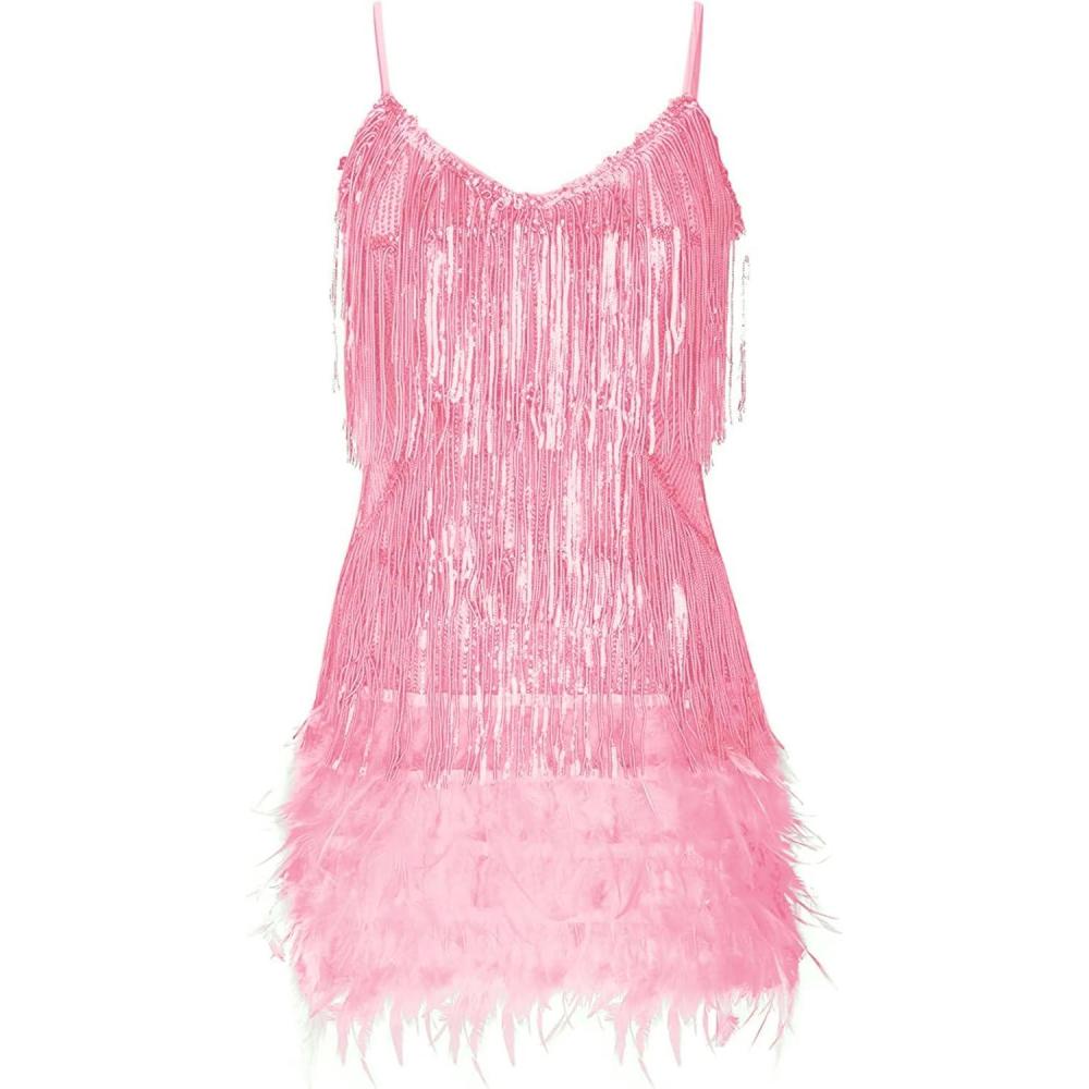 imageWomens Sequin Cocktail Dresses 1920s Flapper Dress Gatsby Fringe Mini Dresses Feather Prom Party DressApink