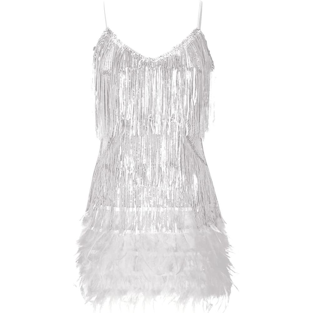 imageWomens Sequin Cocktail Dresses 1920s Flapper Dress Gatsby Fringe Mini Dresses Feather Prom Party DressAwhite