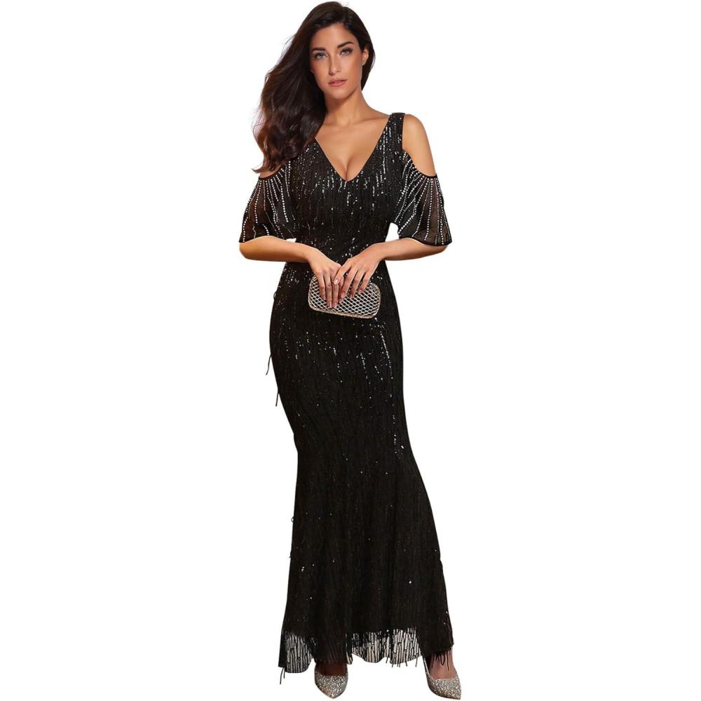 imageWomens Sequin Fringe Rhinestone Cold Shoulder Maxi Gown Mermaid Bridesmaid Prom DressBlack