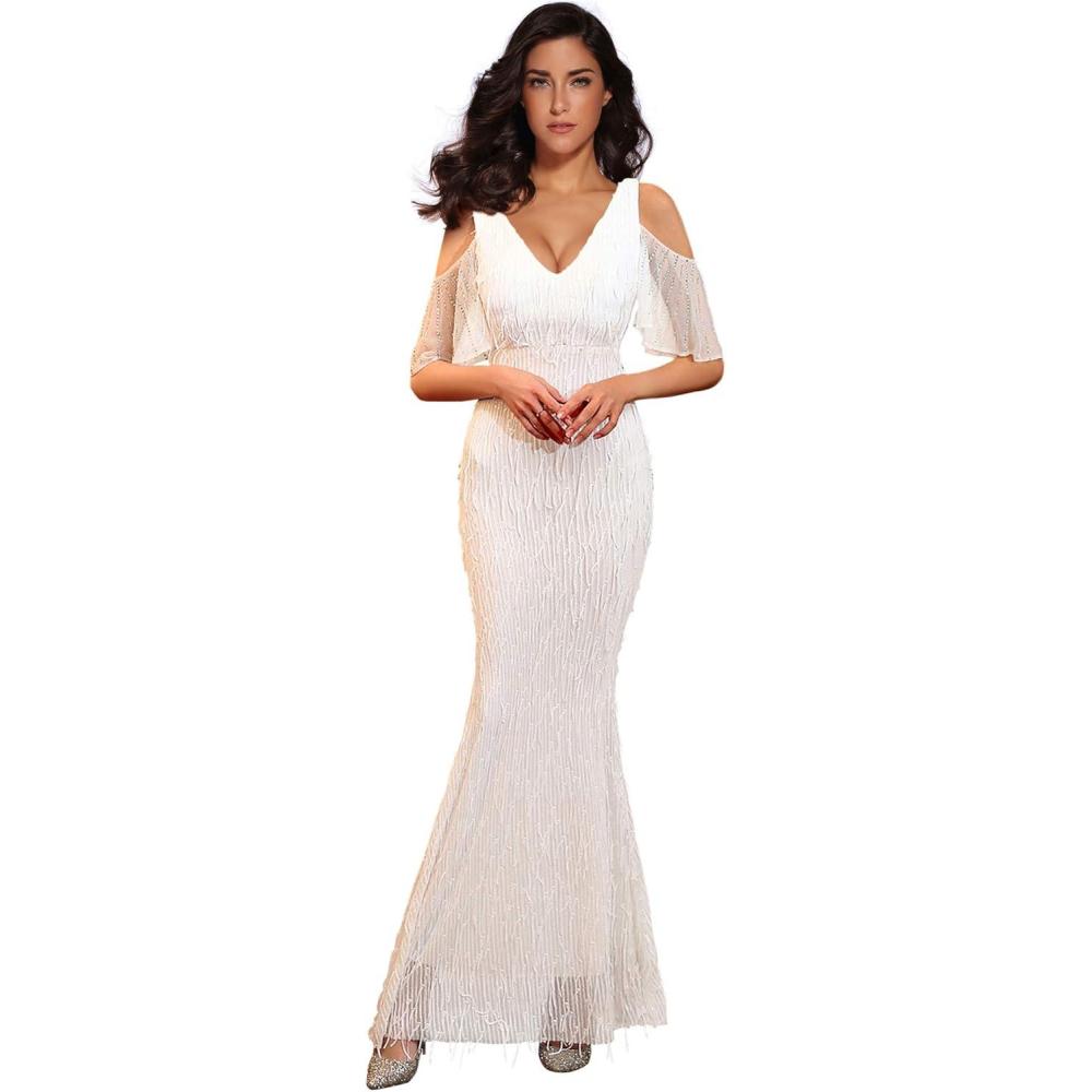 imageWomens Sequin Fringe Rhinestone Cold Shoulder Maxi Gown Mermaid Bridesmaid Prom DressWhite