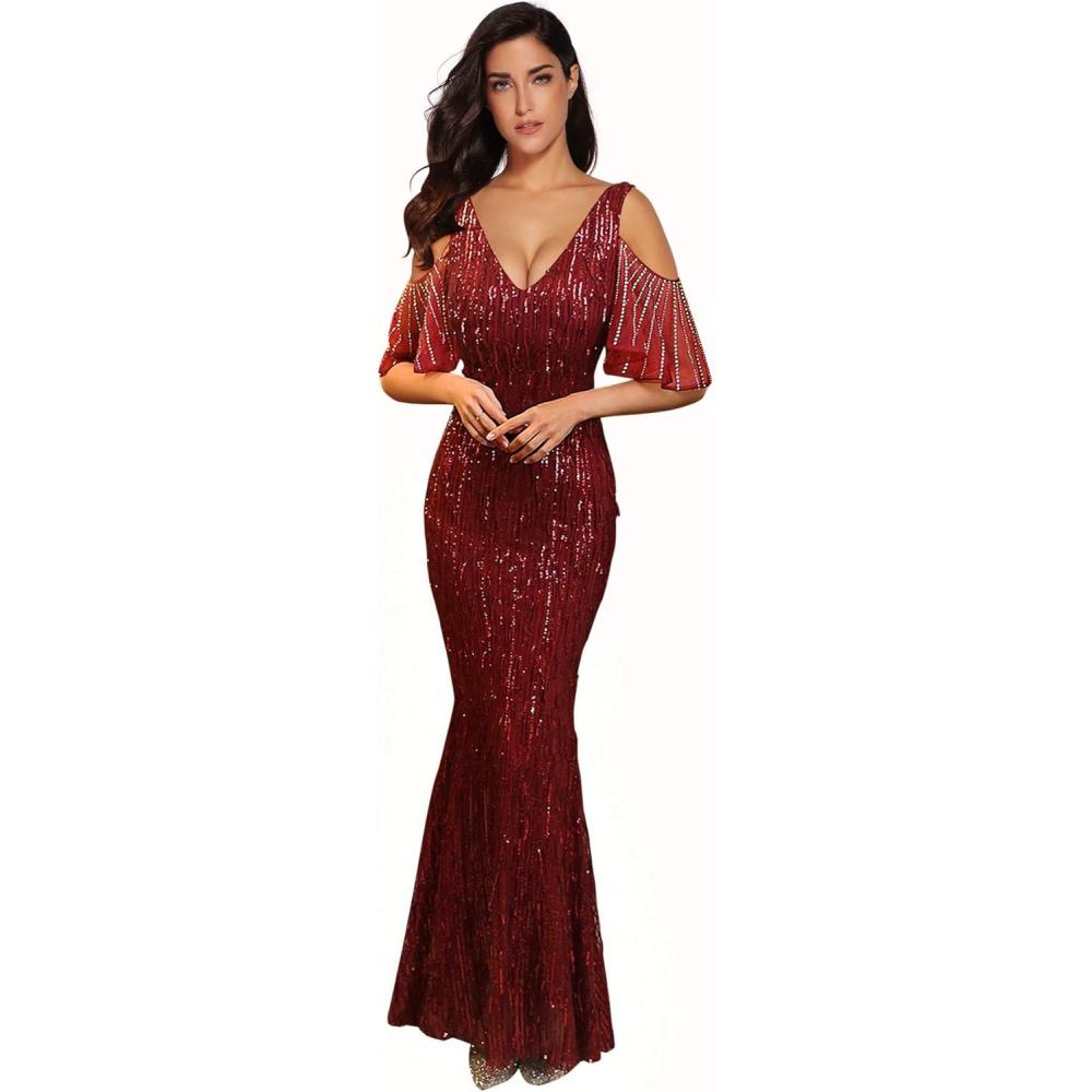 imageWomens Sequin Fringe Rhinestone Cold Shoulder Maxi Gown Mermaid Bridesmaid Prom DressWine
