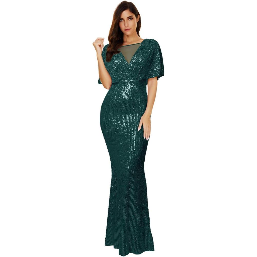 imageWomens Sequin Glitter Mesh Batwing Sleeve Maxi Gown Long Prom DressGreen
