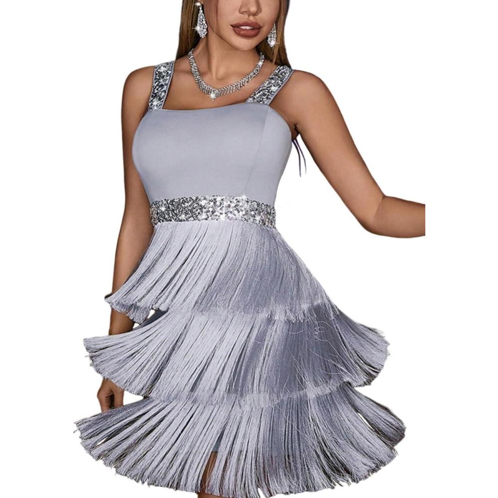 imageWomens Shoulder Strap Cocktail Dresses Flapper Dresses 20s Gatsby Tassel Short Dresses Prom Party DressKgrey