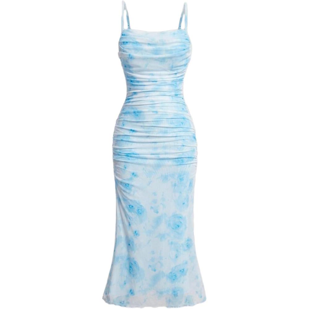 imageWomens Sleeveless Midi Cocktail Party Dress Ruched Bodycon Mesh Wedding Guest DressAblue