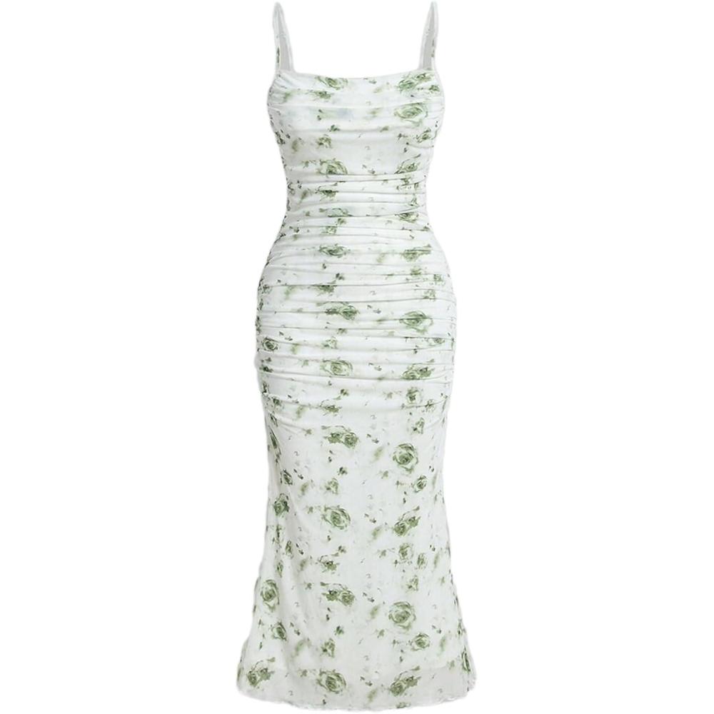 imageWomens Sleeveless Midi Cocktail Party Dress Ruched Bodycon Mesh Wedding Guest DressAgreen