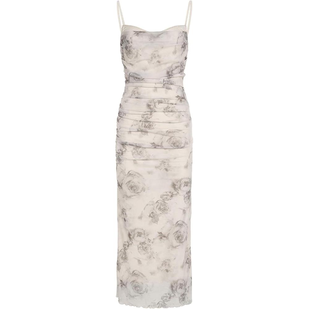 imageWomens Sleeveless Midi Cocktail Party Dress Ruched Bodycon Mesh Wedding Guest DressAgrey